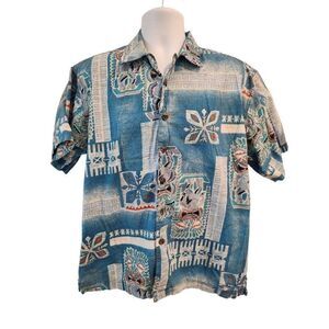 Vintage 90s Hawaiian Aloha Short Sleeve Tiki Blue Shirt Luau Surfer M Blue